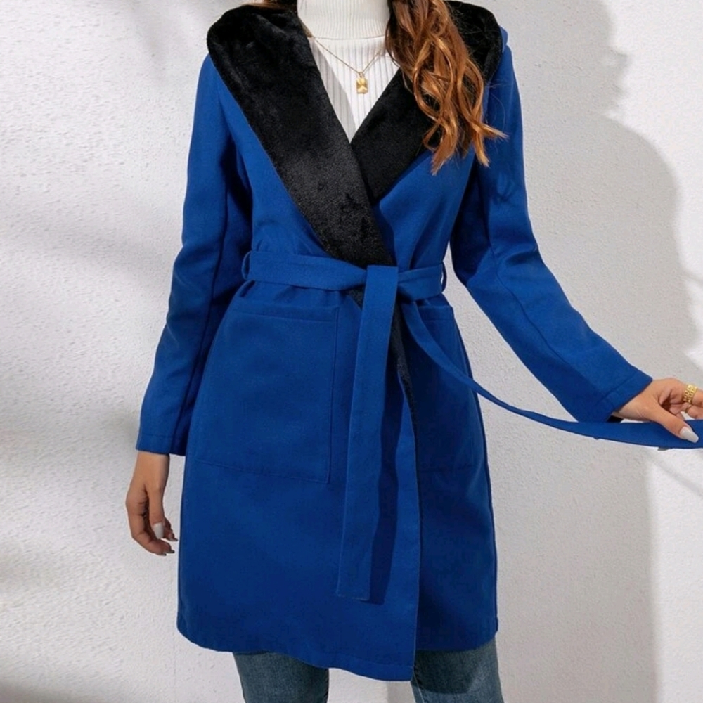 Open Front Hooded Overcoat With Belt - Picture 4 of 9